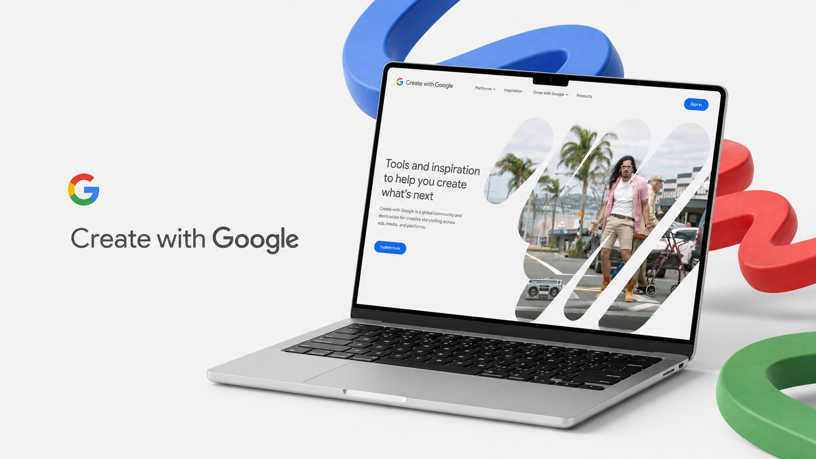 The Create with Google site open on a laptop, beside the Google logo