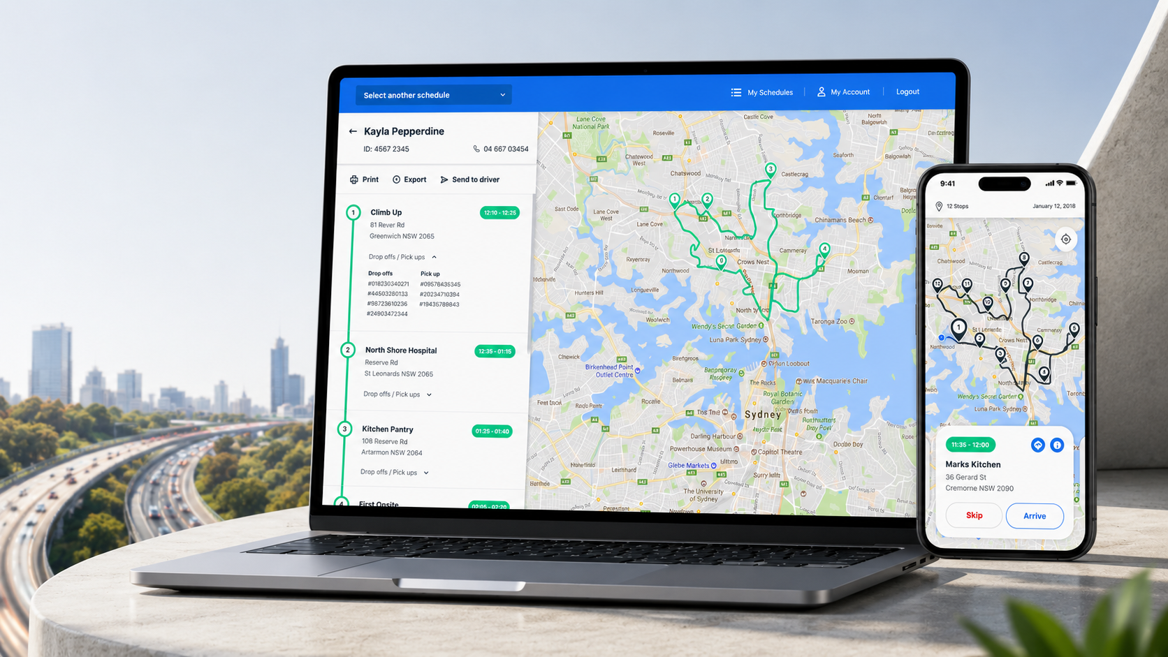 GoLoop route scheduling on a laptop beside the driver app on a phone