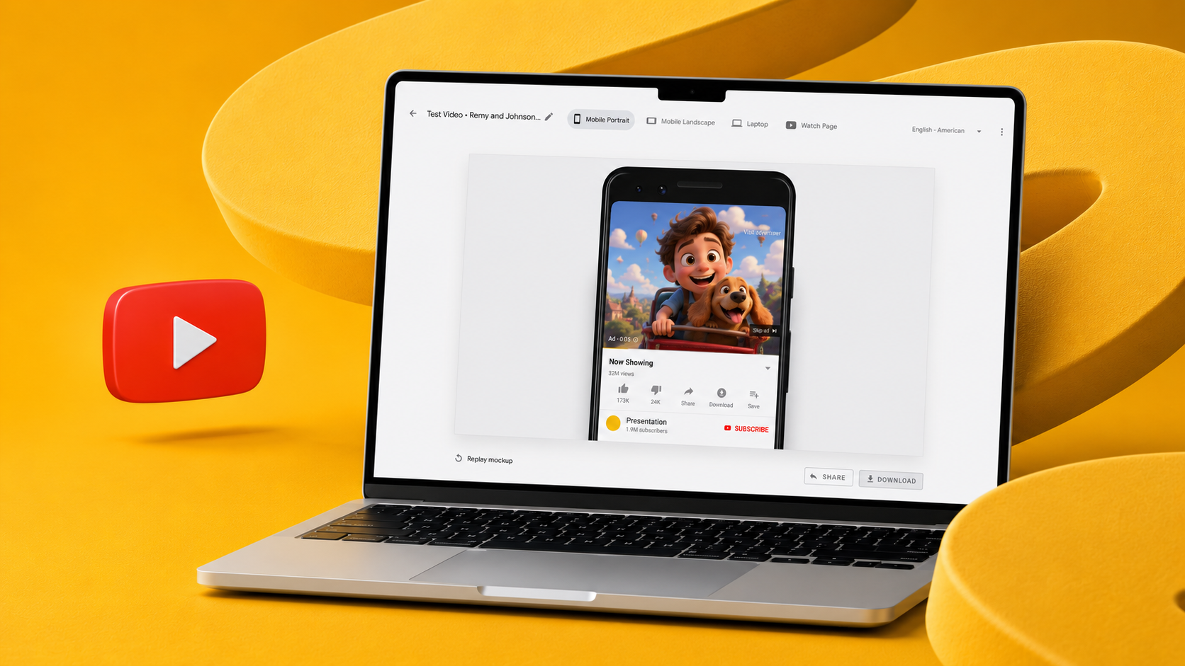The YouTube Mockup Tool previewing an ad in mobile portrait, on a laptop